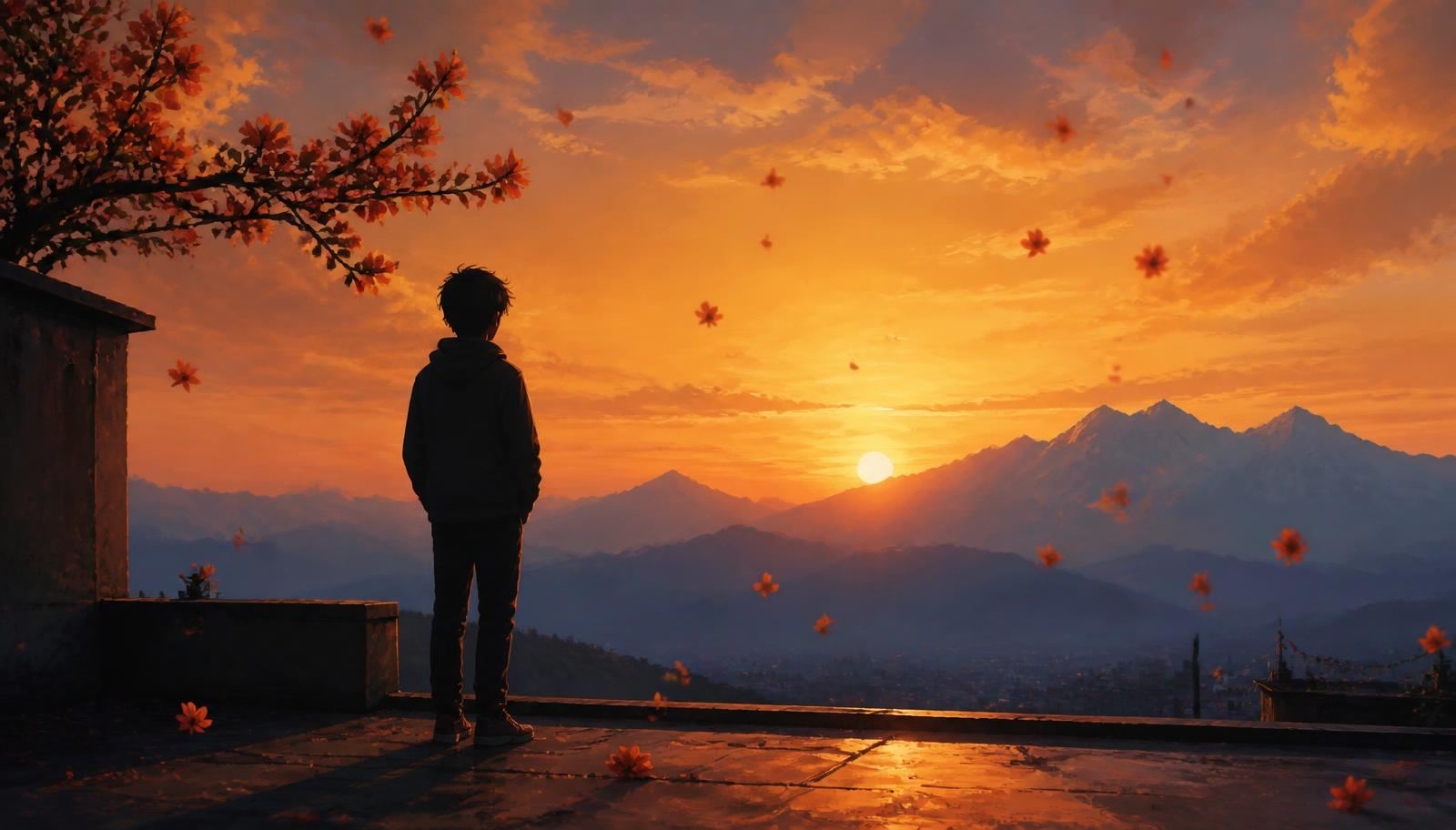 A boy on a rooftop at sunset gazing toward the Similipal range